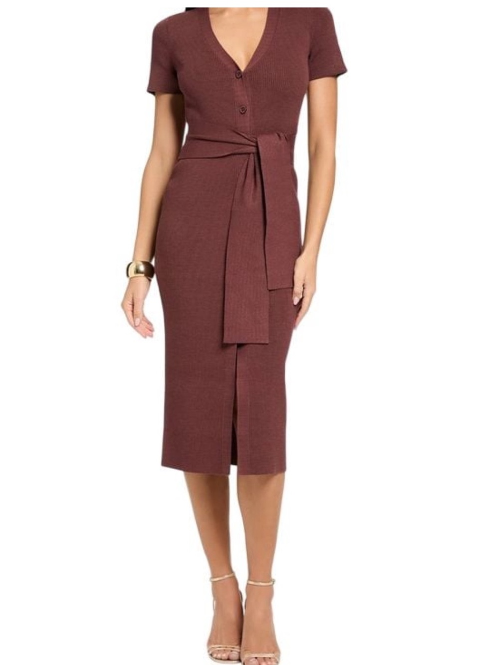 Tocca Rust/Burgundy Short-Sleeve Maxi Shirt Dress with Self Tie, Sz S